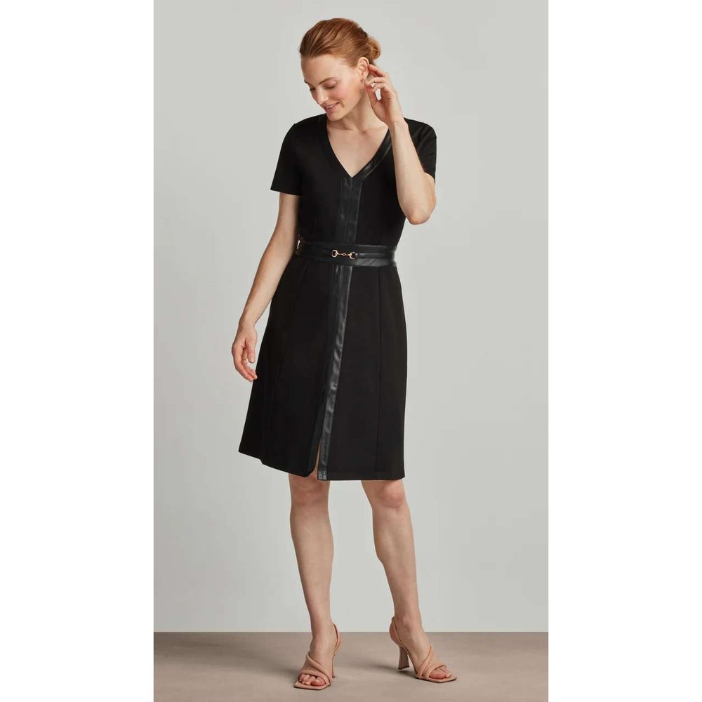 Ellen Tracy Dress Ponte Flare NWT Womens Extra Small Black Faux Leather Trim